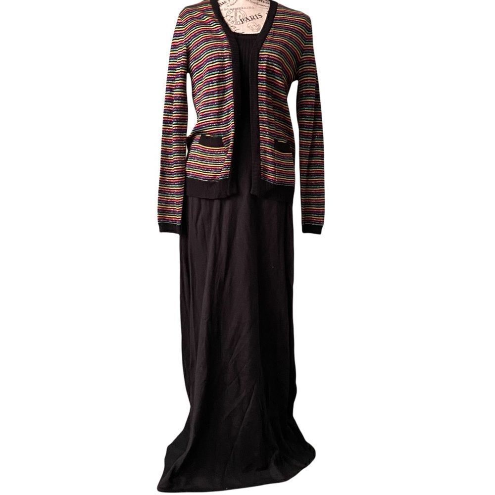 Vintage Backgammon Knit Set Dress in Black Multi-Color Stripes Size 12
